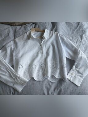 Zara White Eyelet Cropped Button-Up Blouse